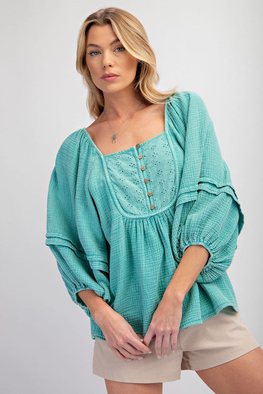 Mineral Washed Babydoll Tunic Top Aqua