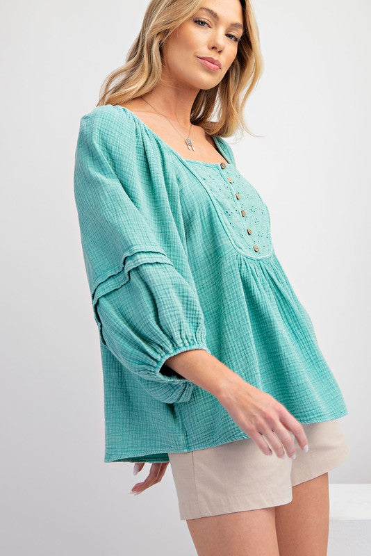 Mineral Washed Babydoll Tunic Top Aqua