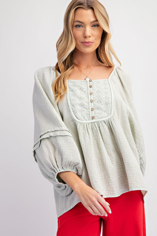 Mineral Washed Babydoll Tunic Top Ice Grey