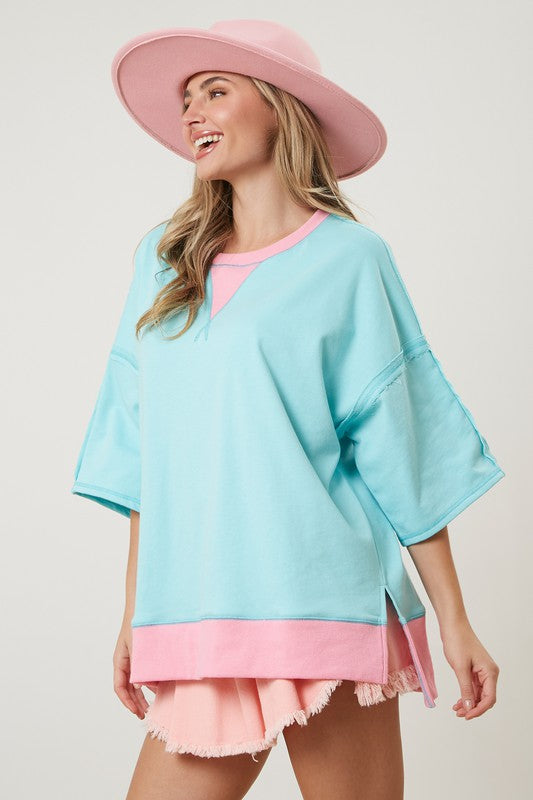 Mineral Washed Color Contrast Top Blue/Pink