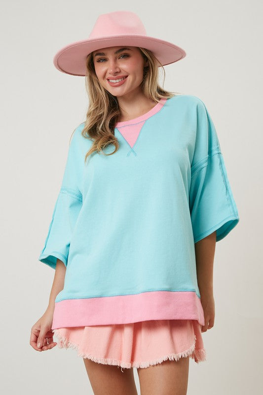 Mineral Washed Color Contrast Top Blue/Pink