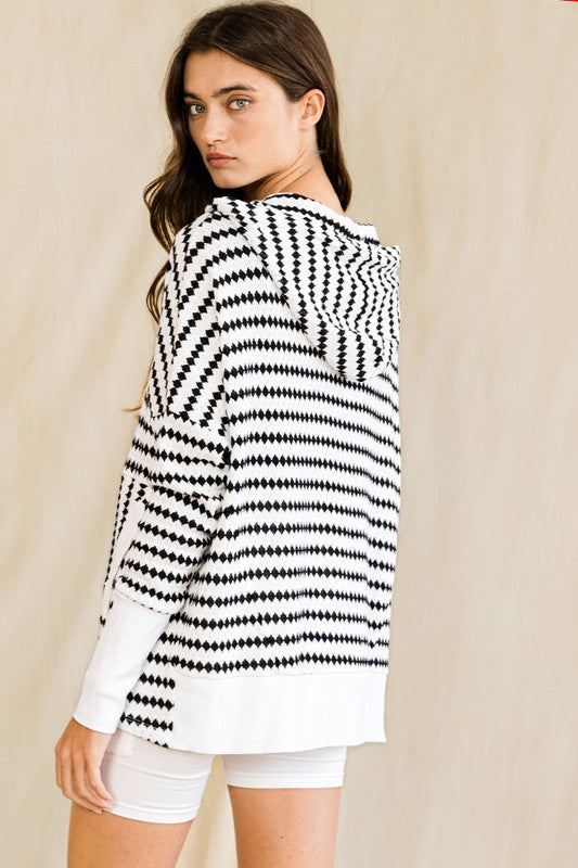 Oversize Stripe Button Up Hoodie Top Blk/White