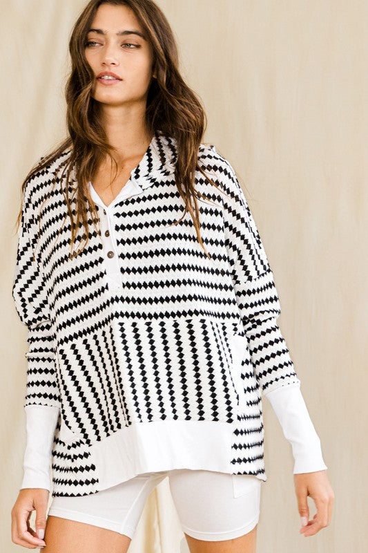 Oversize Stripe Button Up Hoodie Top Blk/White
