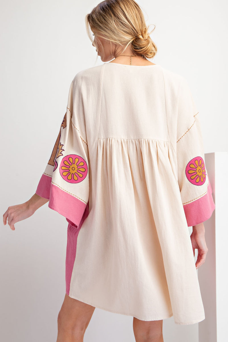 Embroidered Linen Dress Ivory Pink