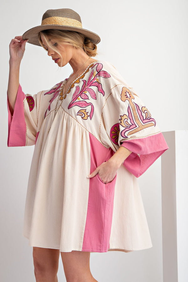 Embroidered Linen Dress Ivory Pink