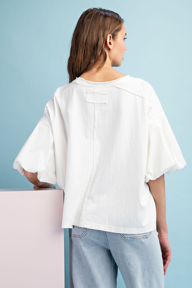MINERAL WASHED PUFF SLEEVE TOP OFF WHITE