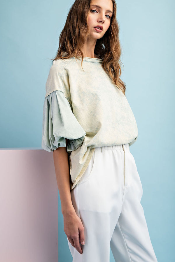 MINERAL WASHED PUFF SLEEVE TOP MINT