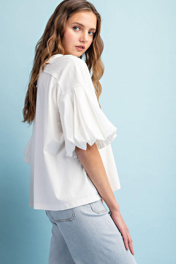 MINERAL WASHED PUFF SLEEVE TOP OFF WHITE