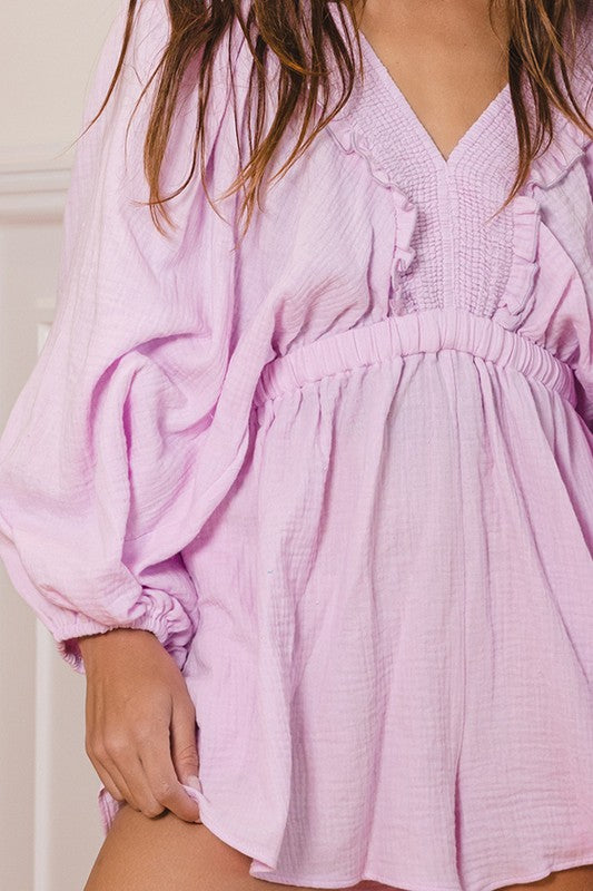 Smocked V-neck Ruffled Woven Romper Lilac