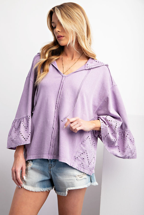 Eyelet Lace Hooded Pullover Washed Lilac