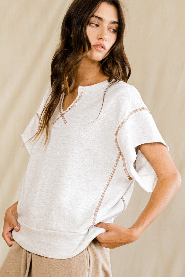 Textured French Terry Contrast Stitch Top Ivory