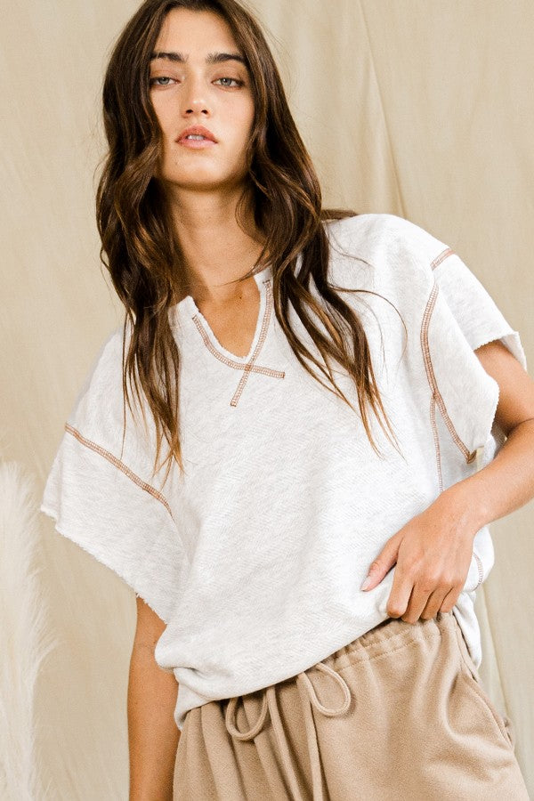 Textured French Terry Contrast Stitch Top Ivory