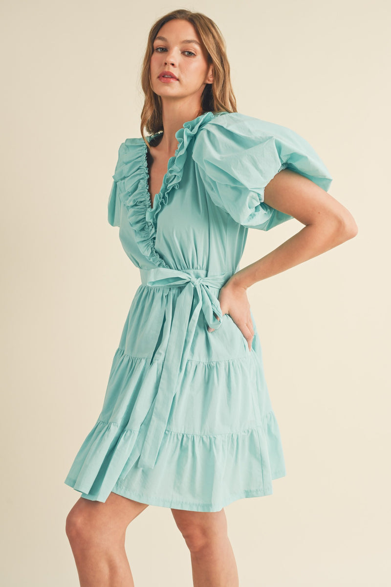 Ruffled Surplice Tiered Mini Dress Aqua Blue