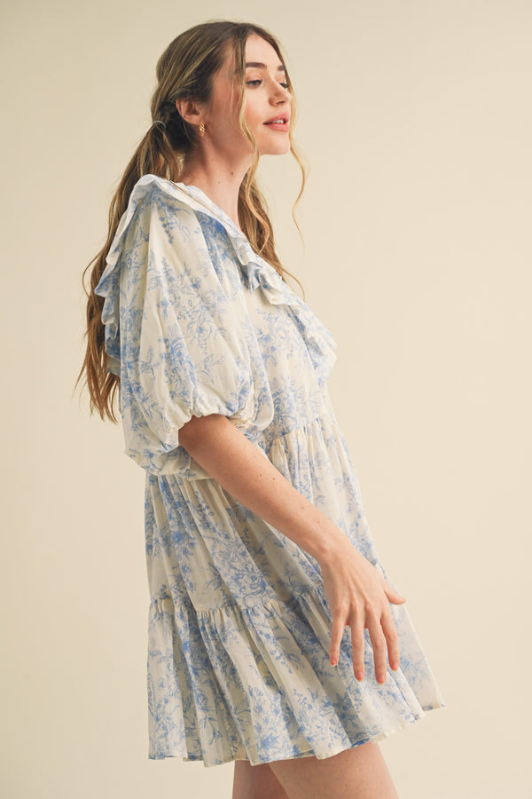 Ruffled V-Neck Mini Dress Off White/Baby Blue