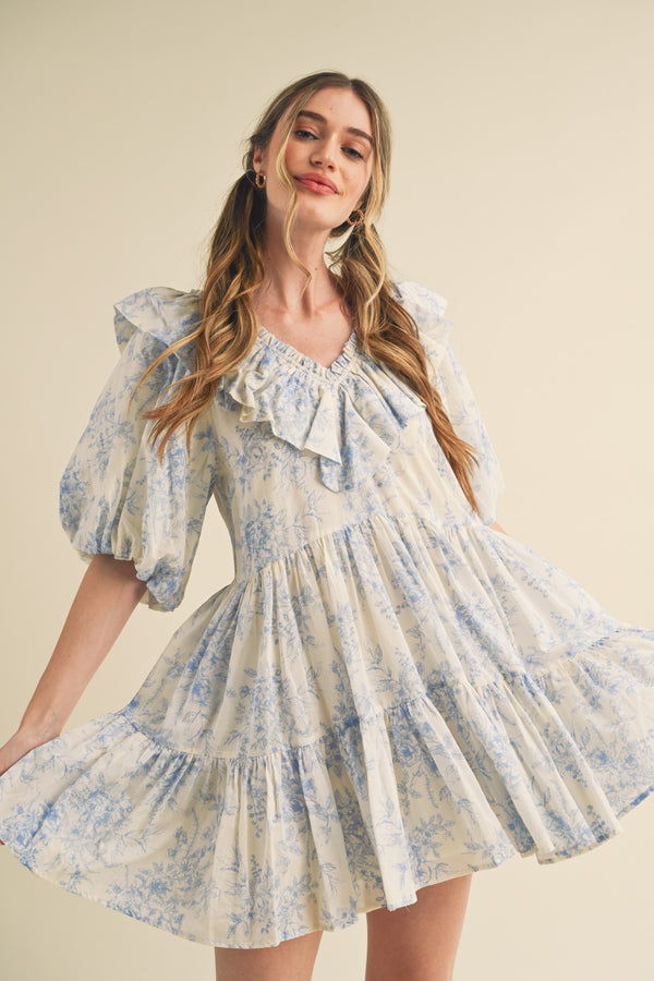 Ruffled V-Neck Mini Dress Off White/Baby Blue