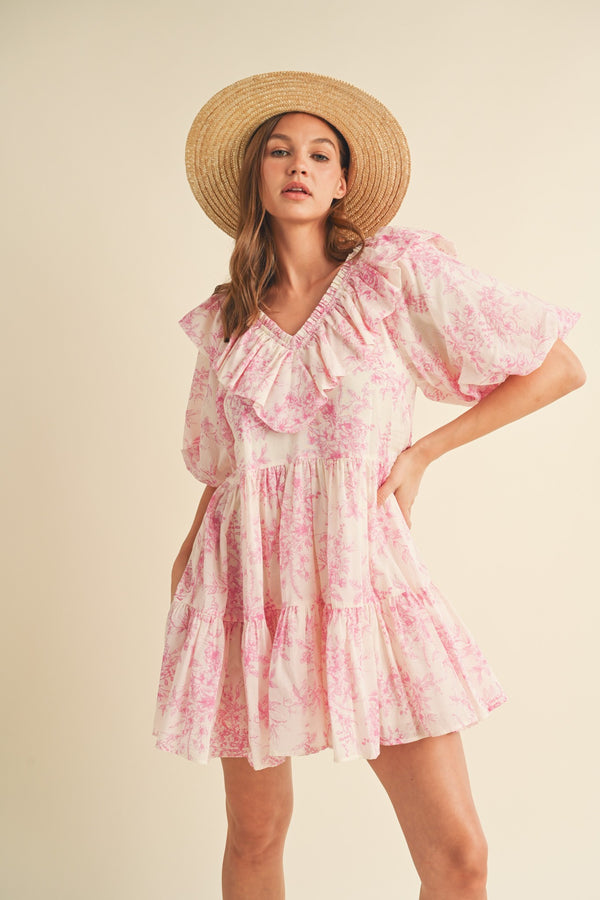 Ruffled V-Neck Mini Dress Off White Pink