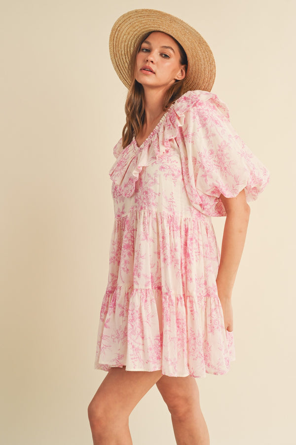 Ruffled V-Neck Mini Dress Off White Pink