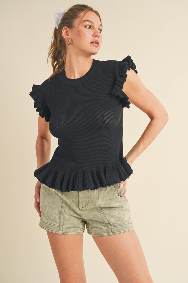 Ruffle Sleeve Sweater Top Black