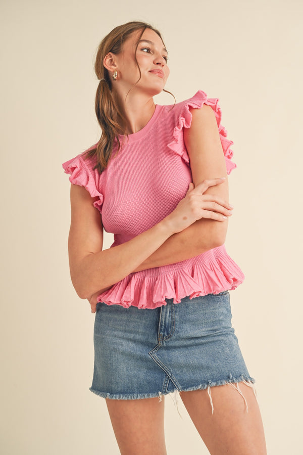 Ruffle Sleeve Sweater Top Cool Pink