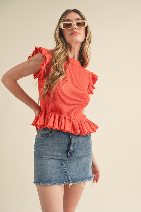 Ruffle Sleeve Sweater Top Tomato Red