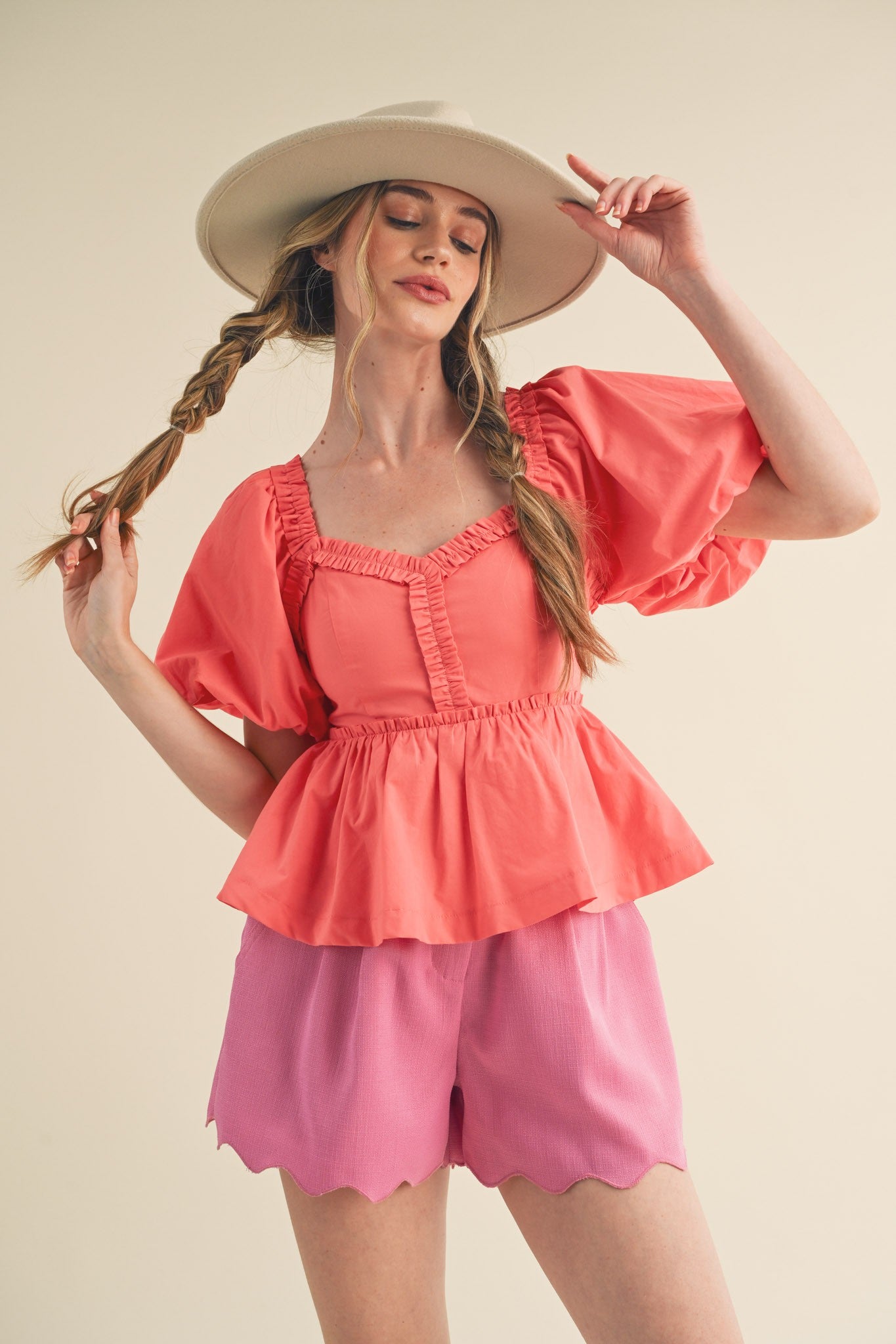 Ruffle Trim Peplum Top Coral Orange - Southern Fashion Boutique Bliss