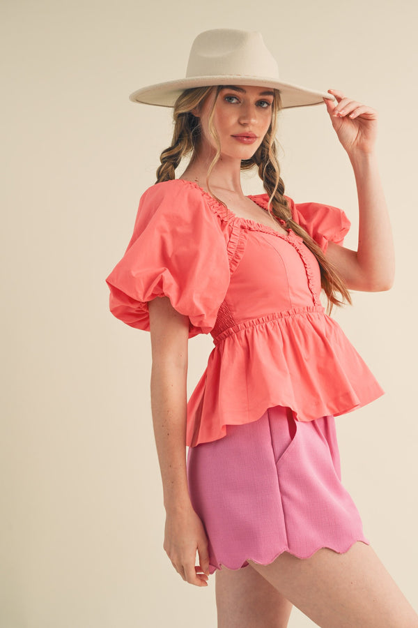 Ruffle Trim Peplum Top Coral Orange