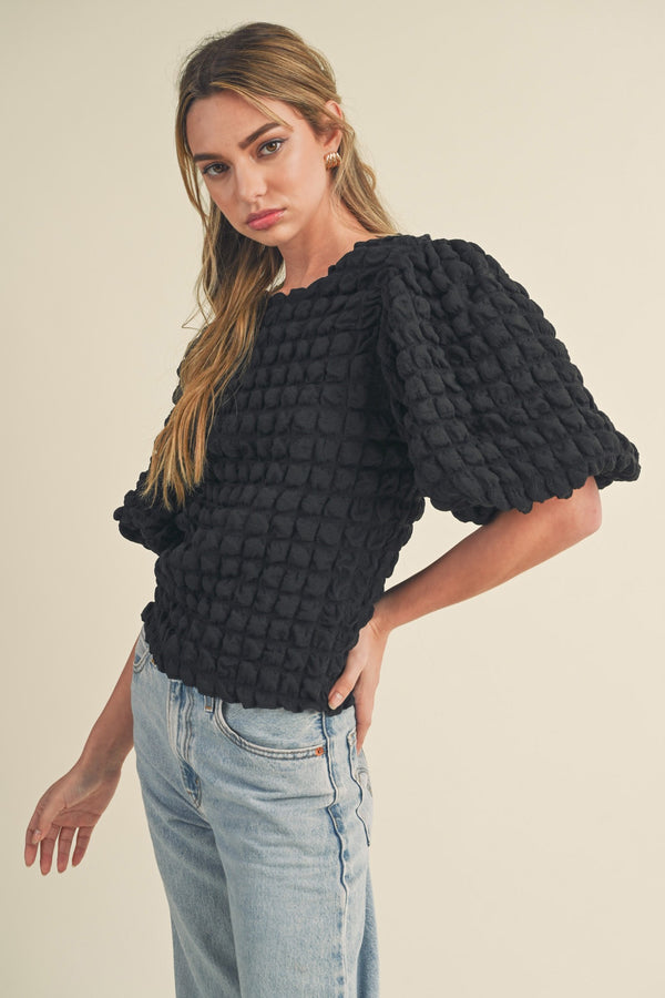 Textured Bubble Sleeve Top Black