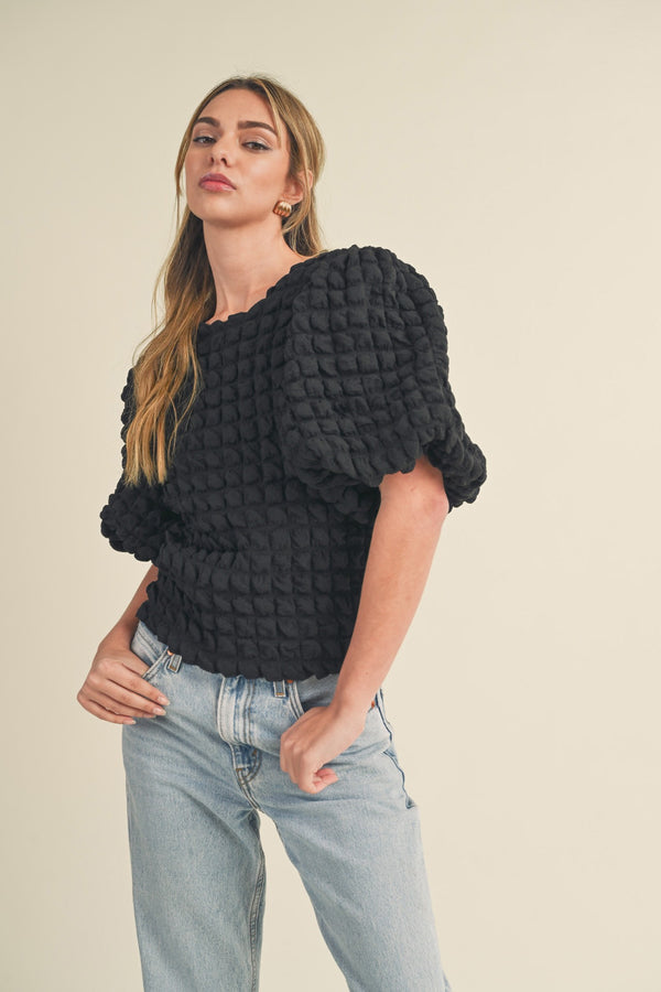 Textured Bubble Sleeve Top Black