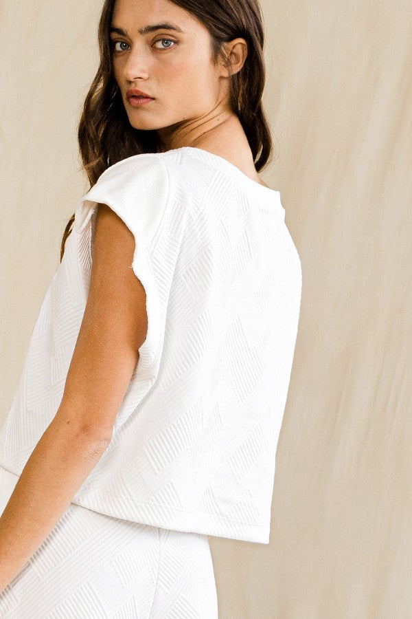 Cap Sleeve Split-Neck Solid Crop Top Ivory
