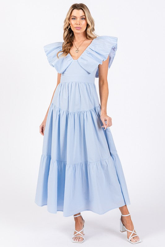 Ruffle Sleeve Tiered Maxi Dress Baby Blue Ruffle Sleeve Tiered Maxi Dress Baby Blue
