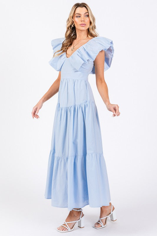 Ruffle Sleeve Tiered Maxi Dress Baby Blue Ruffle Sleeve Tiered Maxi Dress Baby Blue
