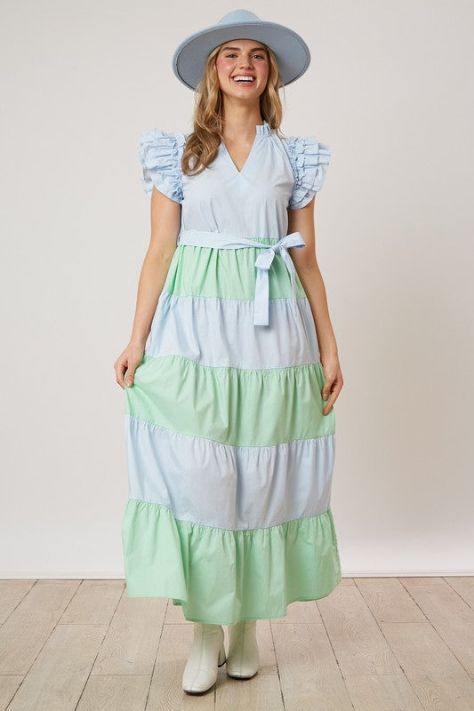 Belted Color Block Maxi Dress Blue/Green