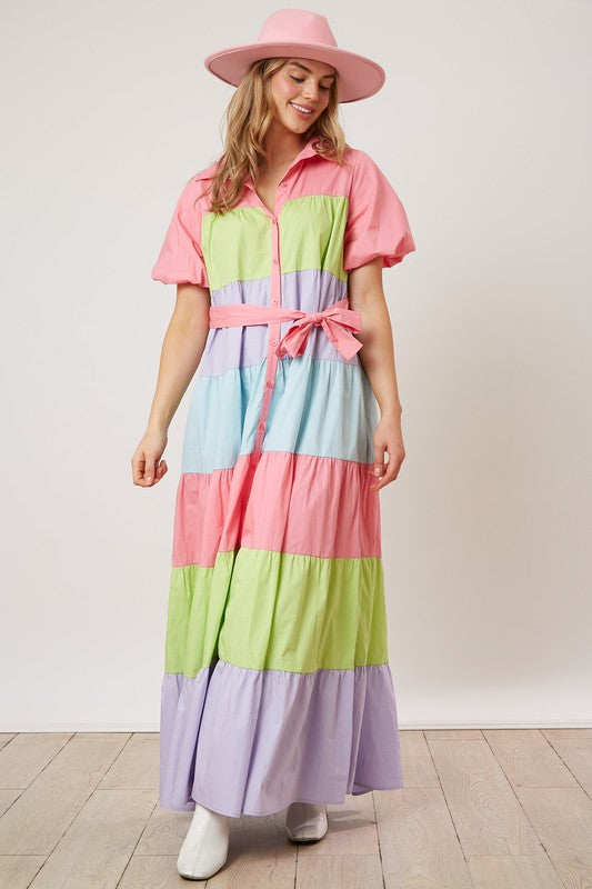 color block maxi dress with sleeves Belted Puff Sleeve Color Block Maxi Dress Multi