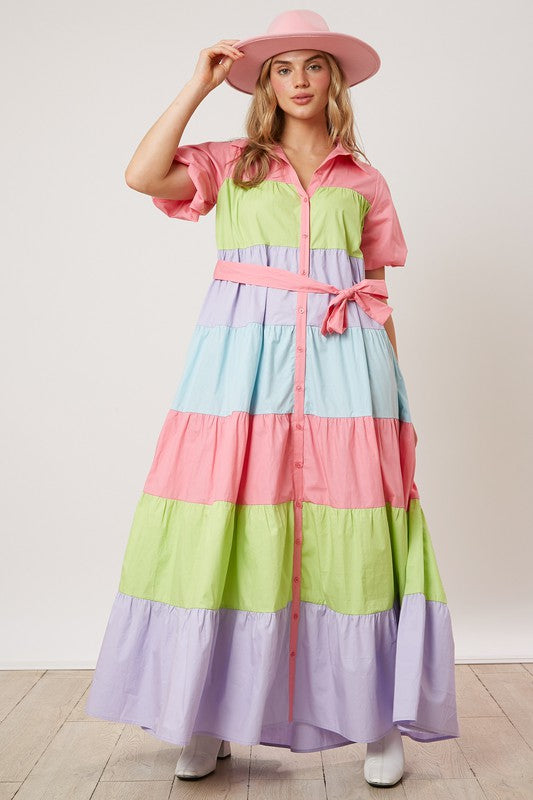 Belted Puff Sleeve Color Block Maxi Dress Multi