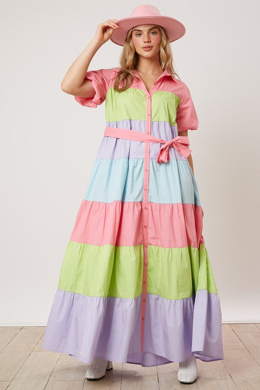 color block maxi dress with sleeves Havana Color Block Maxi Dress