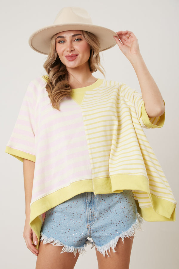 Multi Stripe Short Sleeve Sweatshirt Pink/Yellow