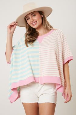 Multi Stripe Short Sleeve Sweatshirt Blue/Pink