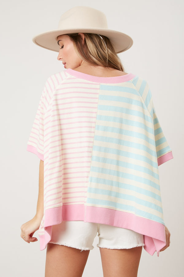 Multi Stripe Short Sleeve Sweatshirt Blue/Pink