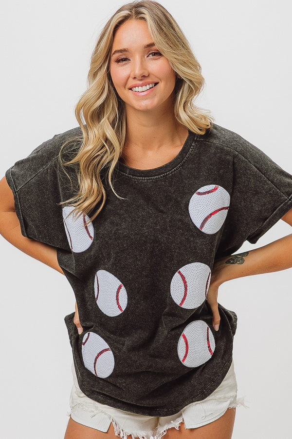 Sequin Baseball Patches Washed Top Black Charcoal