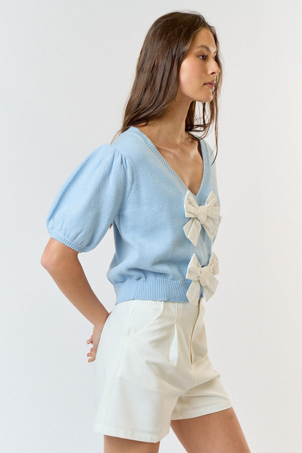 Bow Front V-Neck Puff Sleeve Top Sky Blue