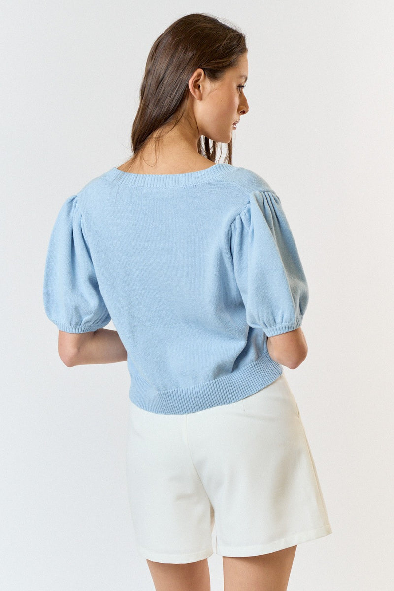 Bow Front V-Neck Puff Sleeve Top Sky Blue