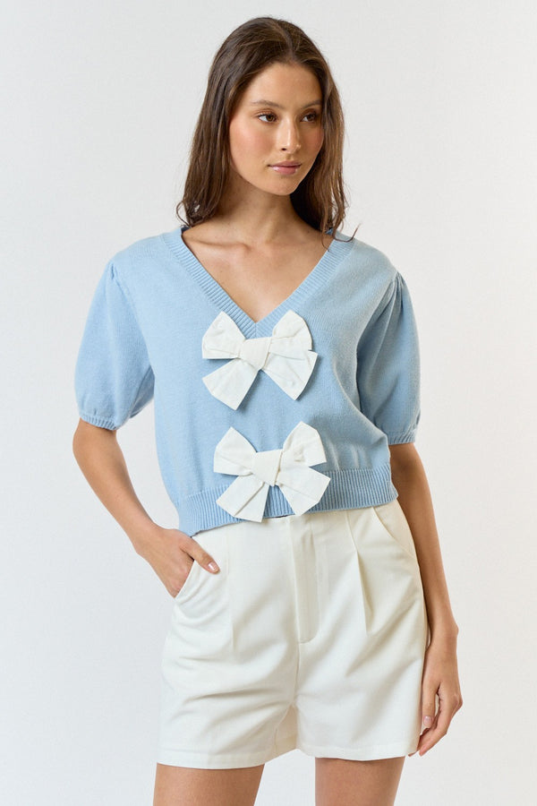 Bow Front V-Neck Puff Sleeve Top Sky Blue