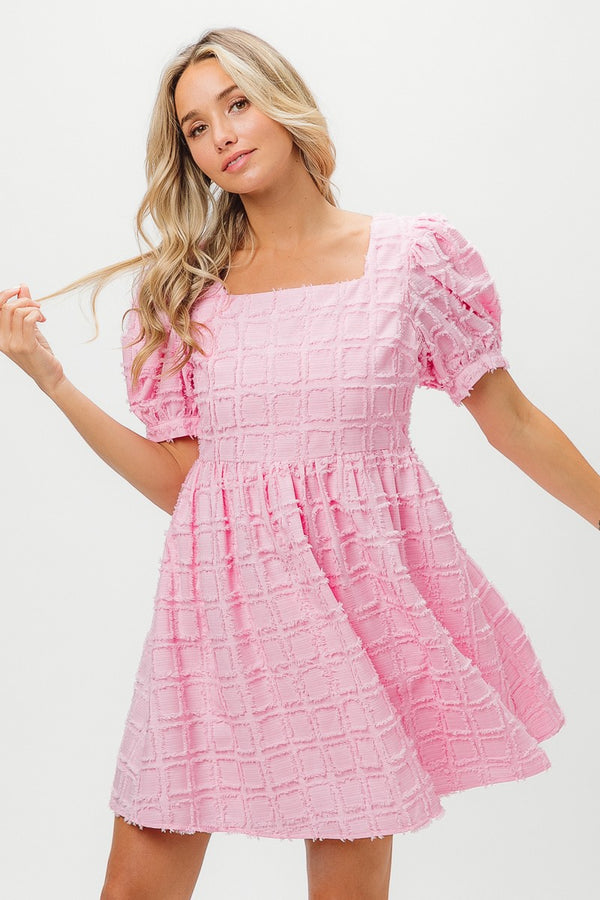 Jacquard Woven Puff Mini Dress Pink