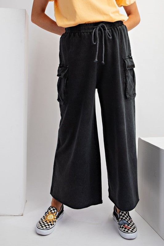 Terry Knit Wide Leg Cargo Pants Black