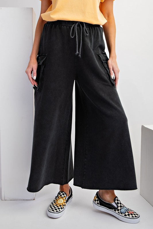 Terry Knit Wide Leg Cargo Pants Black
