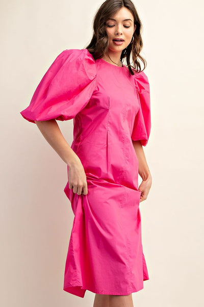pink puff sleeve dress Puff Sleeve Midi Dress Fuchsia