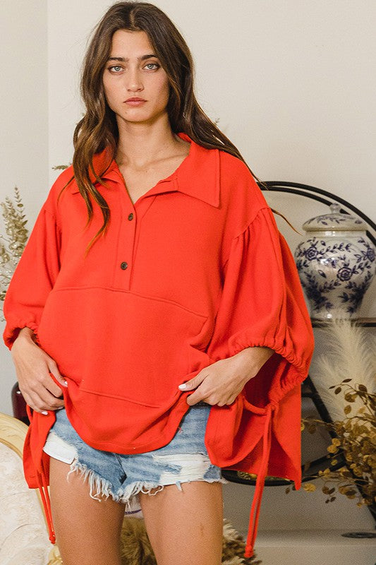 Oversized Drawstring Tie Sleeves Top Red