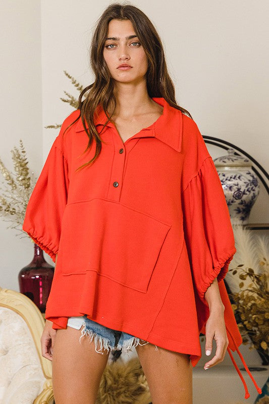 Oversized Drawstring Tie Sleeves Top Red