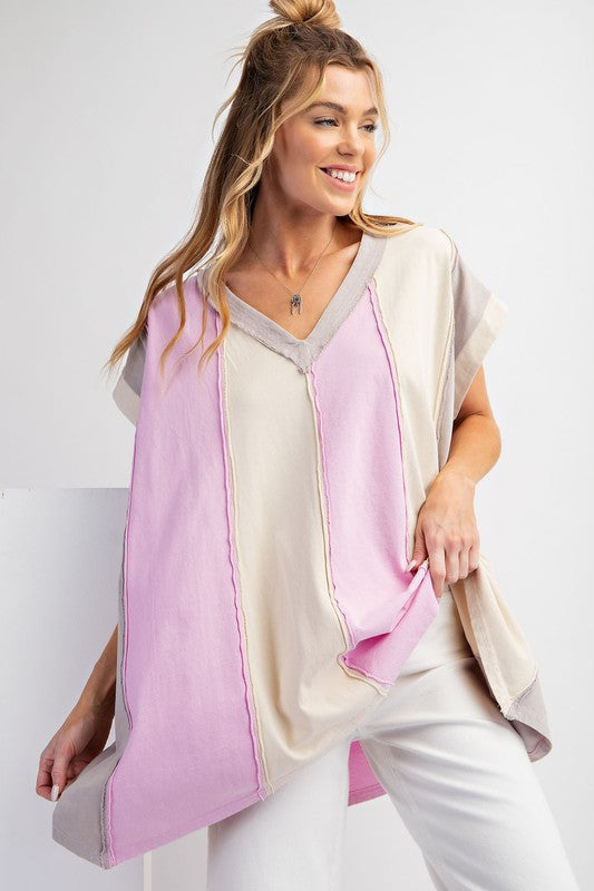 Color Block Cotton Knit Tunic Top Rose Grey