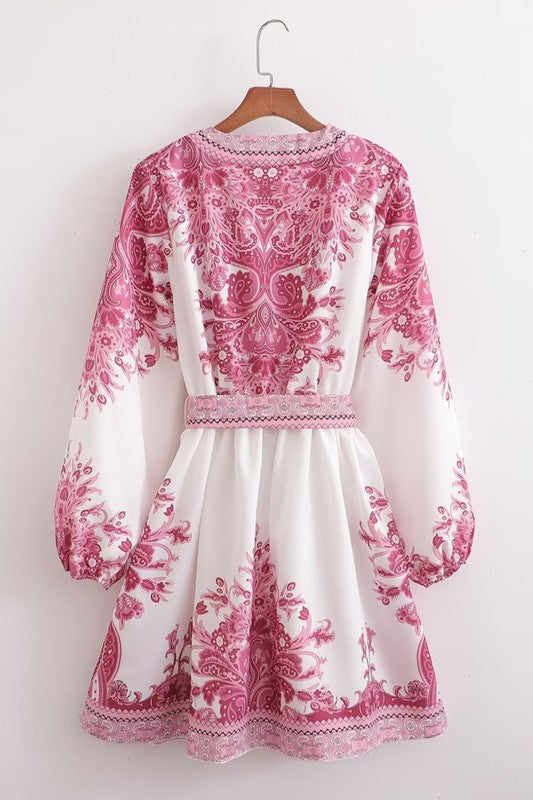 Paisley Print V-Neck Belted Dress Pink